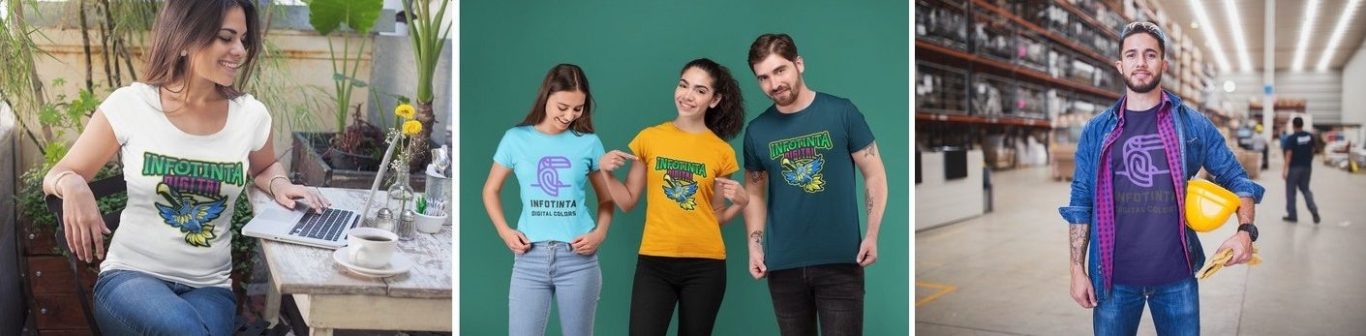 Grupo de cuatro personas vistiendo camisetas de colores con diseños gráficos.